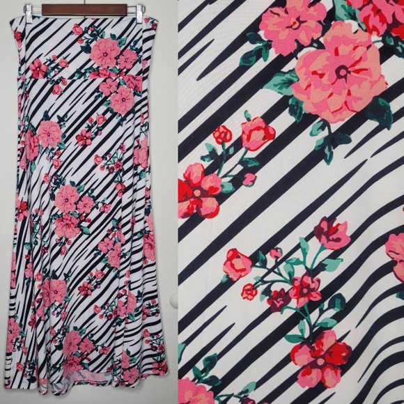 Lularoe Sz L Black White Zebra Stripes Pink Floral Stretchy A Line Maxi Skirt - Picture 1 of 5
